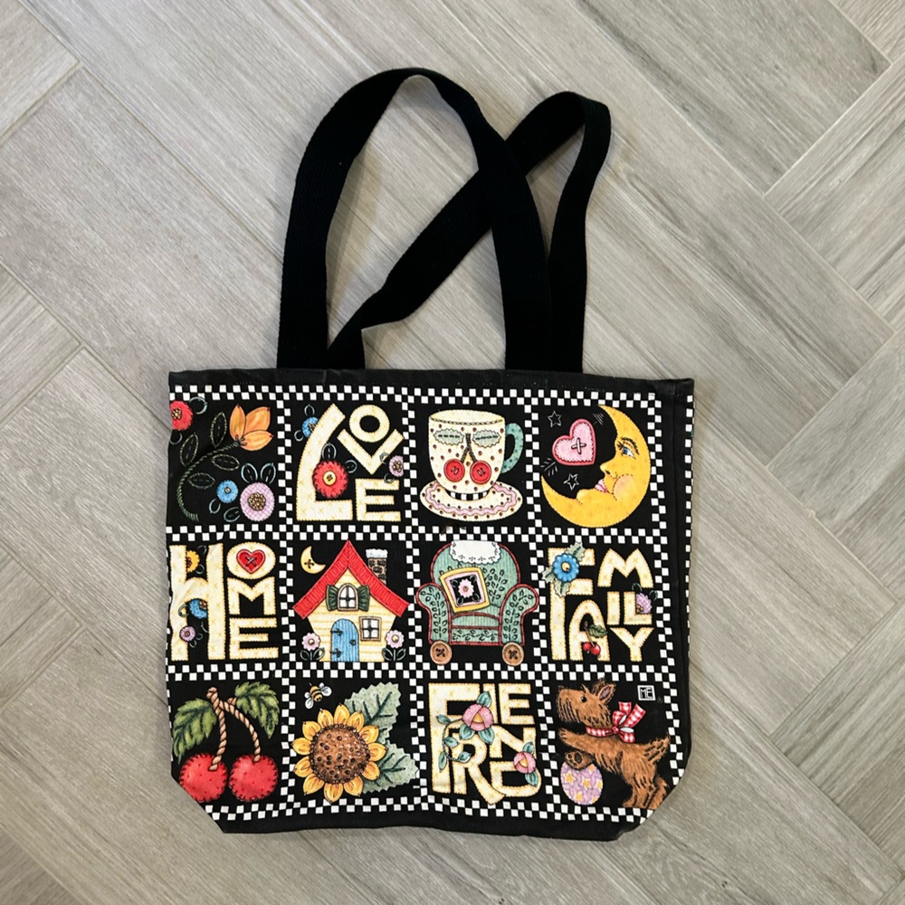 Vintage Mary Engelbreit Tote Bag Black with Colorful Patchwork Design - Picture 3 of 7